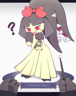 2_toes 3_fingers 4_fingers ambiguous_gender anthro black_body black_feet black_fur black_hair blush blush_lines blush_stickers casting_spell claws duo fangs feet female finger_claws fingers flat_chested fur gloves_(marking) hair hair_mouth holding_object holding_plushie magic_wand markings open_mouth open_smile pawpads pink_hair_bow plushie pov_hands pupils question_mark red_eyes red_hair_bow simple_background slit_pupils smile smug_face solo_focus teeth text text_box toes white_background wide_hips yellow_body duckcoon devil_connection don't_attack_me_mawile makemon nintendo pokemon summoner_(devil_connection) felid feline generation_3_pokemon humanoid mammal mawile pokemon_(species) 2026 absurd_res crossover english_text hi_res