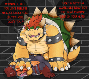 accessory anal anal_penetration announcing_orgasm anthro belly black_body black_fur bodily_fluids bottomless bottomless_male breath clothed clothing cock_ring collar degradation dialogue dirty_talk dominant dominant_male drool_pool drooling duo from_behind_position fucked_silly fur genitals growling hat hat_over_eyes head_grab head_push headgear headwear jewelry jockey_position looking_pleasured lying male male/male moan motion_lines nipple_piercing nipples on_front onomatopoeia overweight overweight_anthro overweight_dom overweight_male overweight_top panting penetration penile penile_penetration penis penis_accessory penis_in_ass penis_jewelry piercing plap profanity prone_bone_position saliva sex size_difference smaller_penetrated smoke smoke_from_mouth sound_effects spiked_collar spikes text thrust_lines thrusting moonbeardusk mario_bros nintendo bowser dusk_(moonbeardusk) bear black_bear koopa mammal moon_bear scalie ursine english_text hi_res