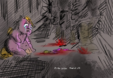 abuse ambiguous_feral ambiguous_gender ambiguous_human animal_abuse blonde_hair blood bodily_fluids clothed clothed_human clothing corpse crotch_breasts crush crying death dying female female_feral feral fur gore green_body green_fur grief group hair killing looking_at_another neonate pink_body pink_eyes pink_fur sad sitting stomping tail tears text white_text wings yellow_tail yellow_wings young young_ambiguous young_feral ambitiousleather8309 fluffy_pony fluffy_pony_(species) human mammal 2026 dated digital_media_(artwork) hi_res shaded