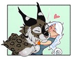 anthro breasts duo eyes_closed female hair hug kissing_cheek leaning leaning_forward size_difference smile tayrawhite felid feline human lynx mammal