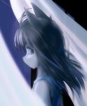 anthro black_hair bodily_fluids curtains female hair looking_at_viewer profile sad side_view solo tears window ishikkoro wolf_children yuki_(wolf_children) canid canine canis mammal wolf