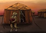 anthro basket container desert duo food male meat prompt running simple_clothing stealing straw_hut sunset tent thief yelling yenocwolf dinosaur equid equine mammal oryctodromeus plains_zebra prehistoric_species quagga recently_extinct_species reptile scalie zebra absurd_res hi_res