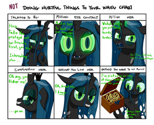 box chart container dialogue digit_ring fangs female glowing glowing_eyes gold_(metal) green_eyes green_hair hair hole_(anatomy) horn jewelry looking_at_viewer love mind_control pupils ring simple_background slit_pupils solo teeth text wedding_ring white_background deusexequus friendship_is_magic hasbro my_little_pony waifu_chart queen_chrysalis_(mlp) arthropod changeling_(mlp) 2014 comic english_text meme