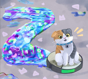 ambiguous_gender blue_collar cleaning_tool collar countershading feral grey_background locket number open_mouth riding simple_background sitting soap solo vacuum_cleaner whiskers yellow_eyes shanhorandraws little_kitty_big_city posca_(lkbc) domestic_cat felid feline felis mammal scottish_fold 2025 official_art