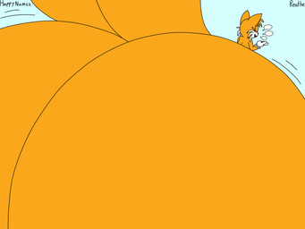 2_tails anthro big_butt big_tail black_nose blue_background butt clothing eyes_closed gloves hair handwear huge_butt huge_tail hyper hyper_butt hyper_tail male motion_lines multi_tail open_mouth open_smile orange_body orange_ears orange_hair orange_tail rear_view red_mouth simple_background smile solo speech_bubble tail talking_to_another text white_clothing white_gloves white_handwear happynumzz reathe third-party_edit sega sonic_the_hedgehog_(series) miles_prower canid canine fox mammal 2026 4:3 artist_name color_edit colored digital_media_(artwork) flat_colors hi_res