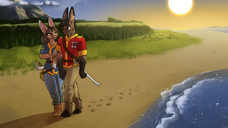 anthro beach brown_hair clothed clothing day detailed_background duo female hair male outside public sand seaside shoreline sky sun water feretta lagomorph leporid mammal rabbit 16:9 2020 digital_media_(artwork) hi_res widescreen