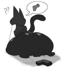 anthro backsack balls big_butt black_body black_ears black_fur black_tail bodily_fluids butt butt_focus clothed clothing fur genitals gun kneeling male on_ground partially_clothed presenting presenting_hindquarters question_mark ranged_weapon simple_background solo speech_bubble sweat tail topwear vest weapon petbasilisk animal_hospital secret_agent_(animal_hospital) domestic_cat felid feline felis mammal