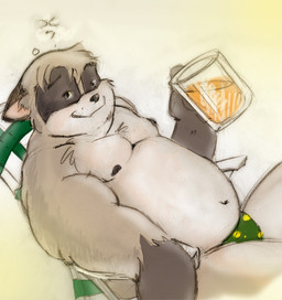 alcohol anthro beach_chair beer beer_mug belly beverage biped clothed clothing drunk food looking_at_viewer male moobs overweight overweight_anthro overweight_male simple_background sitting skimpy solo substance_intoxication trashcanchampion mammal procyonid raccoon source_request