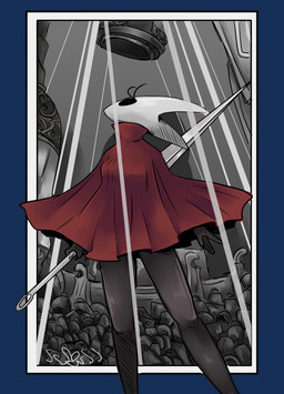 2_horns bell biped black_eyes cloak clothed clothing empty_eyes eyelashes female holding_melee_weapon holding_object holding_weapon horn melee_weapon red_cloak red_clothing solo standing thread weapon ssleepyflowers hollow_knight:_silksong hollow_knight_(franchise) team_cherry hornet_(hollow_knight) arthropod 2025 absurd_res alpha_channel hi_res