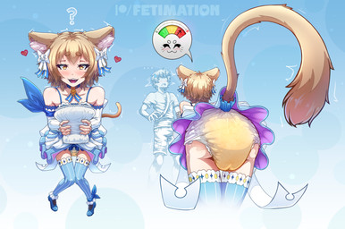 abstract_background asking bent_over blonde_hair blue_clothing blue_legwear blush blush_lines bodily_fluids bow_accessory cat_tail clothed clothing diaper dress duo faceless_character faceless_male footwear genital_fluids hair heart_symbol high_heels holding_diaper legwear light_body light_skin male male/male meter multiple_angles question_mark shoes speech_bubble thigh_highs touching_diaper unclean_diaper upskirt urine used_diaper wearing_diaper wet_diaper wetting yellow_eyes fetimation re:zero ferris_argyle animal_humanoid cat_humanoid felid felid_humanoid feline feline_humanoid human humanoid mammal mammal_humanoid pictographics