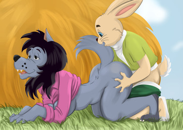 anthro blue_eyes bodily_fluids breasts butt crossgender dark_eyes duo female from_behind_position grey_body interspecies male male/female multicolored_body nipples open_mouth penetration predator/prey russian sex size_difference tail two_tone_body vaginal vaginal_penetration tabaarus soyuzmultfilm well_just_you_wait! volk_(wjyw) zayats_(wjyw) canid canine canis hare lagomorph leporid mammal wolf absurd_res hi_res