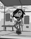 alternative_fashion anthro black_hair bus_stop clothed clothing cracked_glass female fur goth grey_body guitar hair horn midriff musical_instrument plucked_string_instrument solo string_instrument gglloooopp parappa_the_rapper sony_corporation sony_interactive_entertainment um_jammer_lammy rammy_lamb bovid caprine mammal sheep digital_media_(artwork) monochrome