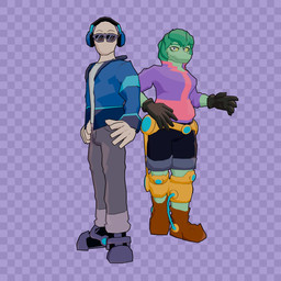 anthro bald clothing duo electronics eyewear featureless_face female gloves green_body green_hair hair handwear headphones looking_at_viewer male standing sunglasses yellow_sclera dragon_audi bomb_rush_cyberfunk cavemanon_studios i_wani_hug_that_gator inco_(iwhtg) olivia_halford baryonyx dinosaur human mammal prehistoric_species reptile saurischian scalie spinosaurid theropod 1:1 3d_(artwork) digital_media_(artwork) hi_res