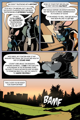 anthro breasts city city_background claws desk dialogue duo female furniture grass half-closed_eyes jewelry male narrowed_eyes necklace onomatopoeia path pawpads plant scar short_tail sitting sound_effects table tail text tree rick_griffin orodachi sarkakawai canid canine canis lagomorph leporid mammal rabbit wolf 2024 2:3 comic english_text hi_res