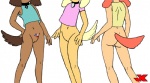 anthro bottomless butt clothed clothing collar female genitals group pussy simple_background tail tattoo texas thin_calves thin_legs thin_thighs jk third-party_edit brandy_and_mr._whiskers disney brandy_harrington sandy_carington tiffany_turlington canid canine canis domestic_dog mammal