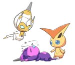 blue_blush blue_sclera blush blush_lines dizzy heart_symbol lying on_back seeing_stars white_body selphy6 nintendo pokemon generation_5_pokemon generation_7_pokemon legendary_pokemon poipole pokemon_(species) ultra_beast victini 2023 hi_res