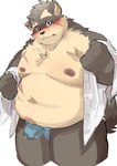 anthro asian_clothing belly blush bodily_fluids clothing east_asian_clothing erection erection_under_clothing eyebrows fundoshi genital_fluids japanese_clothing male moobs navel nipples overweight precum precum_through_clothing scar solo thick_eyebrows underwear undressing wet wet_clothing sicily440 lifewonders tokyo_afterschool_summoners moritaka_(tas) absurd_res hi_res