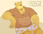 anthro blush brown_body bulge clothing dialogue eyes_closed humanoid_hands male musclegut muscular shirt sitting solo text text_on_clothing text_on_shirt text_on_topwear topwear underwear alfredblaze meme_clothing sorry_you_had_a_bad_day bear mammal 2023 english_text hi_res meme