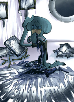 anthro broken_object ink male sad solo window hiwai nickelodeon spongebob_squarepants squidward_tentacles aquatic cephalopod coleoid decapodiform mollusk squid hi_res