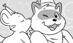 anthro birthday clothing detailed_background duo hat headgear headwear kerchief kissing male male/male open_mouth smile teeth_showing tongue_showing whiskers nishi_oxnard franook oxynard canid canine cricetid hamster mammal raccoon_dog rodent tanuki digital_drawing_(artwork) digital_media_(artwork) monochrome