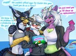 anthro arm_grab belly_overhang blush bodily_fluids breast_squish breasts clothed clothing condom container dialogue dominant dominant_female female fully_clothed fur group hand_on_hip holding_condom holding_container holding_object holidays male open_mouth piercing sexual_barrier_device shirt size_difference slightly_chubby slightly_chubby_female smaller_male squish sweat sweatdrop sweater tank_top topwear trio glue_(artist) easter mythology deya_(billeur_entropy) elm_(glue) surina_(queen_surina) avian dragon furred_dragon furred_scalie gryphon mythological_avian mythological_creature mythological_scalie scalie absurd_res hi_res