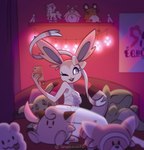 ambiguous_gender anthro bed blue_eyes breasts butt canid cellphone clefairy clothed clothing corset dedenne digital_media_(artwork) eeveelution electronics equid equine female fur furniture galarian_form galarian_ponyta generation_1_pokemon generation_6_pokemon generation_7_pokemon generation_8_pokemon hi_res holding_object horn keychain legwear light lingerie lying mammal mimikyu mythological_creature mythological_equine mythology nintendo on_bed on_side one_eye_closed open_mouth phone pikachu pink_body pink_fur plushie pokemon pokemon_(species) regional_form_(pokemon) ribbons selfie shaded shadow small_breasts smartphone smile solo stockings stufful substitute_doll swirlix sylveon tangeluscious tongue tongue_out topwear underwear unicorn wigglytuff wink