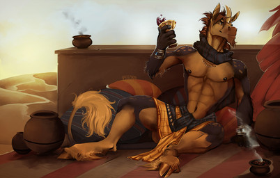 abs anthro athletic athletic_anthro athletic_male beverage brown_body brown_fur clothed clothing cloven_hooves container cup desert fur goblet holding_beverage holding_object hooves horn male male_anthro nipples orange_eyes outside pecs sitting solo tail topless topless_anthro topless_male i-psilone mythology equid equine mammal mythological_creature mythological_equine unicorn 2020