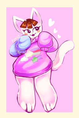 anthro barefoot biped black_eyes blush border brown_hair clothing feet hair heart_symbol male pink_background simple_background solo sweater tail topwear white_body white_border white_tail pypixy animal_crossing nintendo merry_(animal_crossing) domestic_cat felid feline felis mammal 2020 absurd_res full-length_portrait hi_res portrait signature