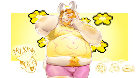 anthro beard belly belly_peeking_out blonde_hair blush body_hair bulge duo embarrassed facial_hair hair happy_trail horn male male/male navel overweight overweight_anthro text unatazaamarilla deltarune undertale_(series) asgore_dreemurr flowery_(deltarune) kris_dreemurr ralsei susie_(deltarune) bovid caprine goat human mammal 16:9 4k absurd_res english_text hi_res widescreen