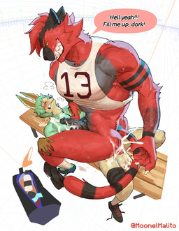 abs anal anal_penetration animal_genitalia animal_penis anthro anthro_on_anthro anthro_on_bottom anthro_on_top anthro_penetrated anthro_penetrating anthro_penetrating_anthro anthrofied bag balls barazoku bareback bench biceps big_balls big_butt big_muscles big_penis blush bodily_fluids bottle bottomless bottomless_anthro bottomless_male butt canine_genitalia canine_penis claws clenched_teeth clothed clothing collared_shirt condom_wrapper container cowgirl_position cum cum_in_ass cum_inside cum_on_butt cum_splatter deltoids dialogue discarded_clothing duo ejaculation erection eyebrows footwear from_front_position fur genital_fluids genitals glans gym_bag hair high-angle_view humanoid_genitalia humanoid_penis jock knot larger_male larger_on_top larger_penetrated looking_pleasured lube_bottle lying male male/male male_on_bottom male_on_top male_penetrated male_penetrating male_penetrating_male motion_lines muscular muscular_anthro muscular_male narrowed_eyes nerd on_back on_bench on_bottom on_top orgasm pecs penetration penile penile_penetration penis penis_in_ass pokemorph power_bottom sex sheath shirt shoes simple_background sitting size_difference small_top_big_bottom smaller_male smaller_on_bottom smile socks speech_bubble sweat tail tank_top teeth text thick_arms thick_thighs topwear tuft white_background moonelmalito nintendo pokemon eeveelution generation_4_pokemon generation_7_pokemon incineroar leafeon pokemon_(species) 2025 absurd_res english_text hi_res