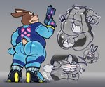 anthro big_butt blush bodysuit boots bulge butt clothing facial_hair footwear grope groping_bulge high_heeled_boots high_heels male mature_male mustache overweight shoes skinsuit solo spandex tight_clothing torn_clothing zero_suit streif metroid nintendo star_fox peppy_hare hare lagomorph leporid mammal hi_res