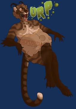 anthro apode bone bones_in_stomach brown_body brown_fur burping chain chest_tuft dark_arms dark_legs digestion facial_markings fatal fatal_vore fur gold_(metal) gold_chain head_markings horn legless male male_pred markings mask_(marking) nipple_chain nipples open_mouth oral_vore piercing red_eyes serpentine sitting solo sound_effects striped_body striped_fur striped_markings striped_tail stripes tail tail_markings tuft vore whiskers sipurim edward_welfrolfo cougar felid feline felis mammal alpha_channel distracting_watermark watermark