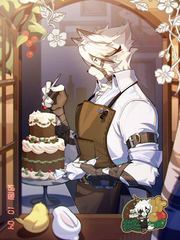 anthro apron biped birthday birthday_cake brown_apron brown_clothing cake cherry clothed clothing collared_shirt decorating_cake dessert detailed_background flower food fruit fur hair harness looking_at_food looking_at_object male male_anthro plant red_eyes shirt smile solo text topwear white_body white_clothing white_fur white_shirt white_topwear window unknown_artist mihoyo zenless_zone_zero von_lycaon canid canine canis mammal thiren wolf 3:4 digital_media_(artwork) english_text hi_res official_art