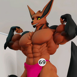 anthro big_muscles big_pecs huge_muscles male muscular pecs oleanderin hel_(shiretsuna) canid canine fox mammal 1:1 absurd_res hi_res