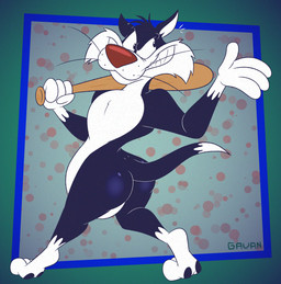 3_toes 4_fingers abstract_background anthro baseball_bat bat_(object) belly big_butt biped black_body black_eyes black_fur black_pawpads butt cheek_tuft chest_tuft clenched_teeth curling_tail curvy_figure dipstick_tail dotted_background ears_outwards evil_grin facial_tuft fangs feet fingers fur glance glancing_back glistening glistening_butt gloves_(marking) grin grinning_at_viewer head_tuft holding_baseball_bat humanoid_feet humanoid_hands humanoid_heel leg_markings lines_drawn looking_aside looking_aside_at_viewer looking_at_viewer looking_back looking_back_at_viewer male markings mischievous mischievous_smile nude nude_anthro nude_male open_mouth pattern_background pawpads paws pecs pivoted_ears plantigrade polka_dots pose raised_heel raised_tail rear_view red_nose ribs sharp_teeth simple_background slightly_chubby slightly_chubby_anthro slightly_chubby_male small_waist smile smiling_at_viewer smirk smirking_at_viewer socks_(marking) soles solo standing_on_toes tail tail_markings teeth thick_calves thick_thighs tiptoes toes toothy_grin tuft whisker_spots whiskers white_belly white_body white_feet white_fur white_hands white_sclera white_tail_tip wide_hips gavanzude looney_tunes warner_brothers sylvester_(looney_tunes) domestic_cat felid feline felis mammal tuxedo_cat 2026 alternate_version_at_paywall colored digital_drawing_(artwork) digital_media_(artwork) flat_colors hi_res pinup signature