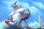 abs anthro barazoku bodily_fluids countershading cum erection genital_fluids genitals jewelry male muscular muscular_anthro muscular_male necklace nipples nude outside pecs penis sharp_teeth sky solo teeth water alpha0 fish ground_shark hammerhead_shark marine shark 3:2