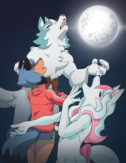 alternate_form anthro blue_body blue_fur blue_hair chest_tuft claws clothed clothing dipstick_tail dress eyes_closed fangs female full_moon fur furgonomic_shorts furgonomics group hair howl howling_at_the_moon jacket larger_male male markings moon muscular muscular_anthro muscular_male night nude orange_body raised_head size_difference sky smaller_female snout standing star starry_sky tail tail_markings teeth topwear trio tuft white_body white_fur white_hair high5art brand_new_animal studio_trigger winter_solstice michiru_kagemori nazuna_hiwatashi shirou_ogami canid canine canis fox hybrid mammal raccoon_dog tanuki wolf 2023 absurd_res hi_res