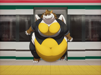 2_horns anthro belly big_belly big_breasts black_clothing breasts brown_body brown_eyes brown_hair chubby_cheeks clothed clothing detailed_background double_chin female hair horn huge_belly huge_breasts membrane_(anatomy) membranous_wings morbidly_obese morbidly_obese_female navel obese obese_female overweight overweight_female solo stuck_in_door thick_thighs tight_clothing train train_station vehicle white_body wings yellow_body white-dragon mexico_city_metro mexico_city_train mythology roxanne_(whitedragoncito) dragon mythological_creature mythological_scalie scalie 2026 cel_shading hi_res shaded signature