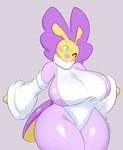 antennae_(anatomy) anthro arthropod_abdomen big_breasts blush blush_lines breasts clothing female generation_5_pokemon green_eyes hi_res huge_breasts huge_thighs lavender_(woebeeme) leavanny looking_at_viewer multicolored_body nintendo one_eye_closed open_mouth pokemon pokemon_(species) purple_body side_boob signature simple_background smile solo standing text tha_randomu thick_thighs topwear wide_hips wink yellow_body