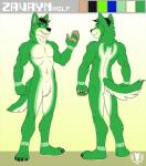 abs anthro athletic barefoot biceps biped black_hair black_nose blue_eyes butt claws fangs feet fur green_body green_fur green_hair grin hair male muscular muscular_anthro nude pecs smile solo tail teeth toe_claws vallhound zavryn canid canine canis mammal wolf digital_media_(artwork) full-length_portrait hi_res portrait