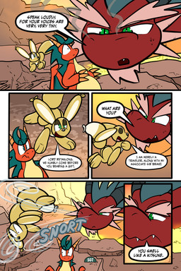 2_horns 5_panel_comic ambiguous_gender balloon balloon_with_face biped black_nose black_text brown_body claws dialogue dot_pupils eyebrows eyes_closed feral finger_claws floating gold_(metal) green_eyes group half-closed_eyes horn inflatable looking_at_another motion_lines mouth_closed narrowed_eyes open_mouth open_smile orange_body page_number question_mark sharp_teeth smile smoke smoke_from_nose snort sound_effects speech_bubble standing talking_to_another teeth text toony trio white_sclera wings virmir mythology roko_kirihoko saida canid canine dragon fox mammal mythological_creature mythological_scalie scalie 2026 absurd_res english_text hi_res signature