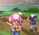 5_fingers big_breasts black_eyes breasts cleavage clothed clothing empty_eyes evergreen_tree female field fingers footwear grass group holding_object humanoid_hands log male mountain muscular muscular_female not_furry open_mouth outside pine_tree plant shirt shoes standing tank_top topwear tree wood malistaticy mario_bros nintendo toadette blue_toad green_yoshi humanoid mammal toad_(mario) yellow_toad yoshi 2019 digital_media_(artwork) watermark