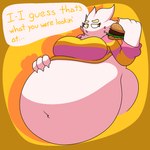 anthro belly big_belly big_breasts big_butt breasts burger butt claws clothing eyelashes female food fur hair holding_burger holding_food holding_object huge_belly hyper hyper_belly navel pink_body pink_clothing pink_fur pink_hair solo text yellow_clothing yellow_eyes chip_at_night mammal 1:1 english_text hi_res