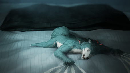 5_fingers anthro bed bed_sheet bedding black_boxers black_clothing black_nose black_underwear blue_body blue_fur boxers_(clothing) claws clothing countershading eye_scar eyes_closed facial_scar fangs feet fingers fluffy fur furniture grabbing_sheets grey_body grey_fur lying male micro multicolored_body multicolored_fur nude on_bed on_front open_mouth scar shrinking_out_of_clothes shrunk sleeping solo tail teeth toe_claws toes two_tone_body two_tone_fur underwear white_body white_fur oddeyresproductions beastars legoshi_(beastars) canid canine canis mammal wolf 16:9 4k absurd_res hi_res widescreen