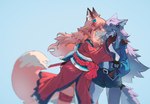 anthro anthro_on_anthro blue_background duo female female/female fur grey_body grey_fur kemono kissing orange_body orange_fur simple_background surprised_expression white_body white_fur shiiorina sally_(shiiorina) canid canine canis fox mammal wolf absurd_res hi_res