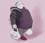 anthro bag belly big_belly clothed clothing fur holding_bag holding_object hoodie horn male moobs overweight overweight_anthro overweight_male smile solo topwear walking white_body white_fur fattydragonite key_(keyaotic) bovid caprine goat mammal hi_res