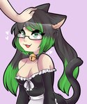 2018 ambiguous_gender animal_humanoid apron bell bell_collar blush breasts cat_humanoid cleavage clothed clothing collar cute_fangs disembodied_hand duo eyewear felid felid_humanoid feline feline_humanoid female glasses green_eyes hair head_pat heart_symbol humanoid kirarifox long_hair maid_uniform mammal mammal_humanoid multicolored_hair open_mouth petting pigtails simple_background smile solo_focus tharkis two_tone_hair uniform