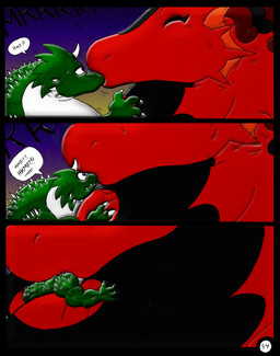 anthro big_breasts body_size_growth breasts duo extreme_size_difference female giga growth_lines huge_breasts inflation kissing macro male muscular muscular_female muscular_male puffkiss size_difference size_transformation speech_bubble spikes spikes_(anatomy) text transformation dnapalmhead redsaber mythology dragon mythological_creature mythological_scalie scalie comic english_text