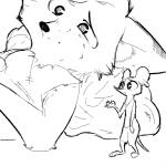 anthro clothed clothing duo ear_piercing female fur lying on_back piercing simple_background size_difference standing white_background replytoanons disney zootopia melody_(zhanbow) rosie_(zhanbow) canid canine fox mammal mouse murid murine rodent 1:1 black_and_white monochrome