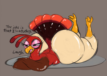 annoyed beak big_butt butt feathers feet female huge_butt lying narrowed_eyes on_front open_mouth plate simple_background solo squint tail tail_feathers talons thick_thighs toes wide_hips nauiho twerkey avian bird galliform phasianid turkey 2025 digital_drawing_(artwork) digital_media_(artwork)